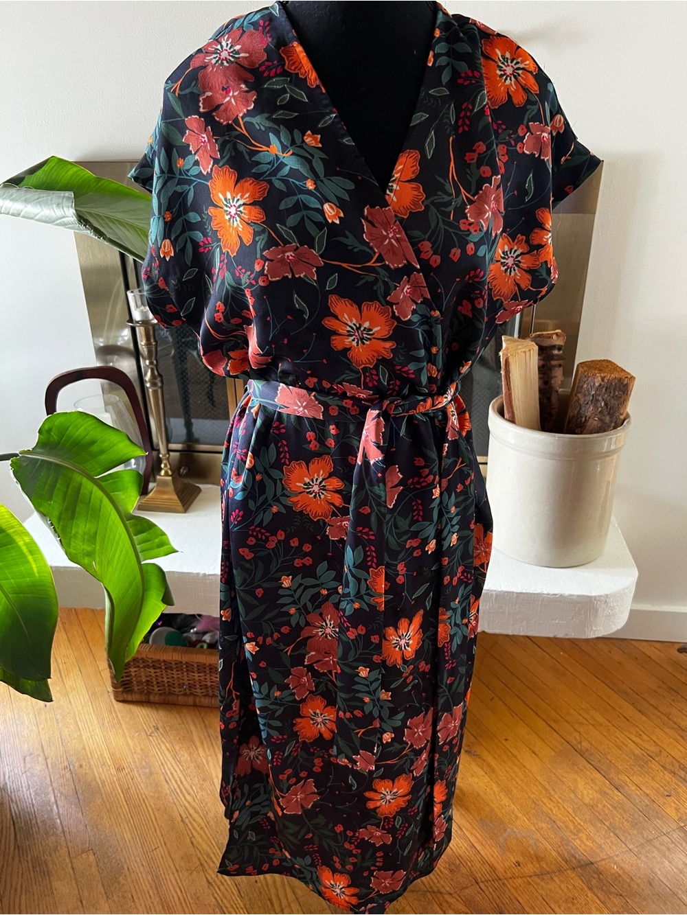 Zara Black Midi Wrap Dress with Orange & Red Floral Print